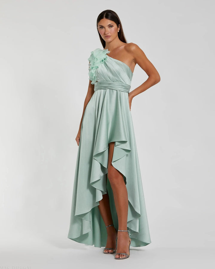 Mac Duggal 49523 Ruffled One Shoulder Cut Out Hi-Low Gown