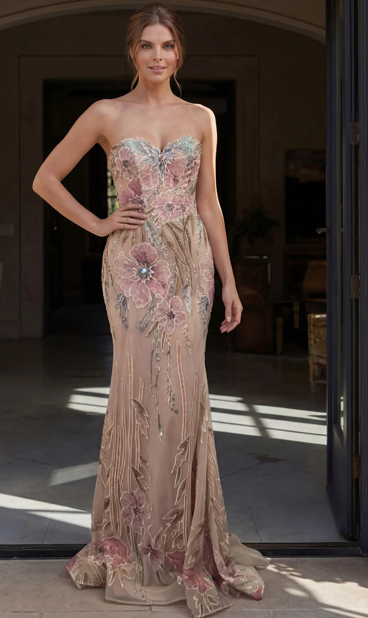 Jovani 49535 Floral Sequin Strapless Sweetheart Gown - FOSTANI.com