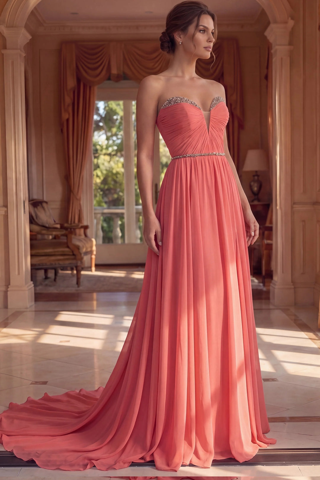 Jovani 49536 Strapless Coral Chiffon A-Line Gown - FOSTANI.com