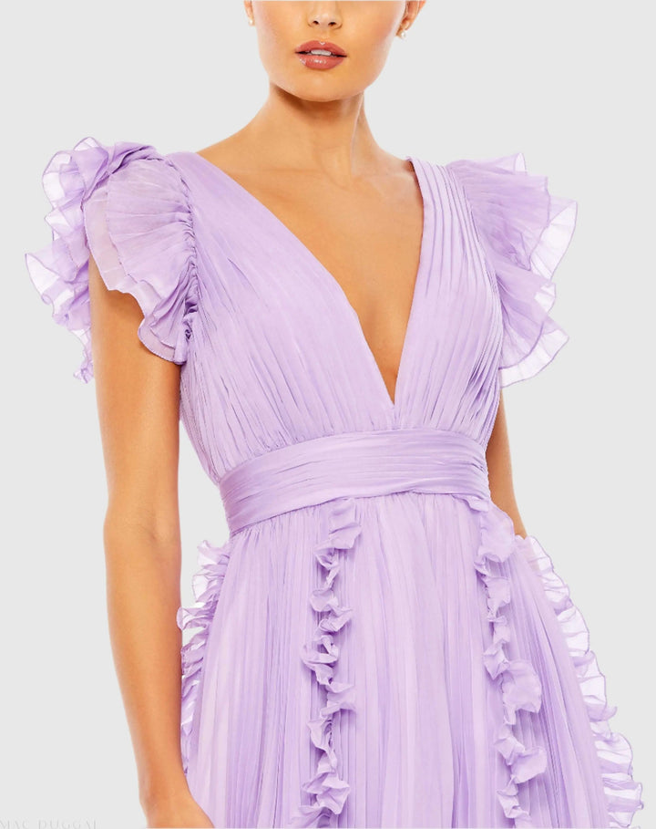 Mac Duggal 49539 Pleated Ruffle Cap Sleeve Flowy A Line Gown
