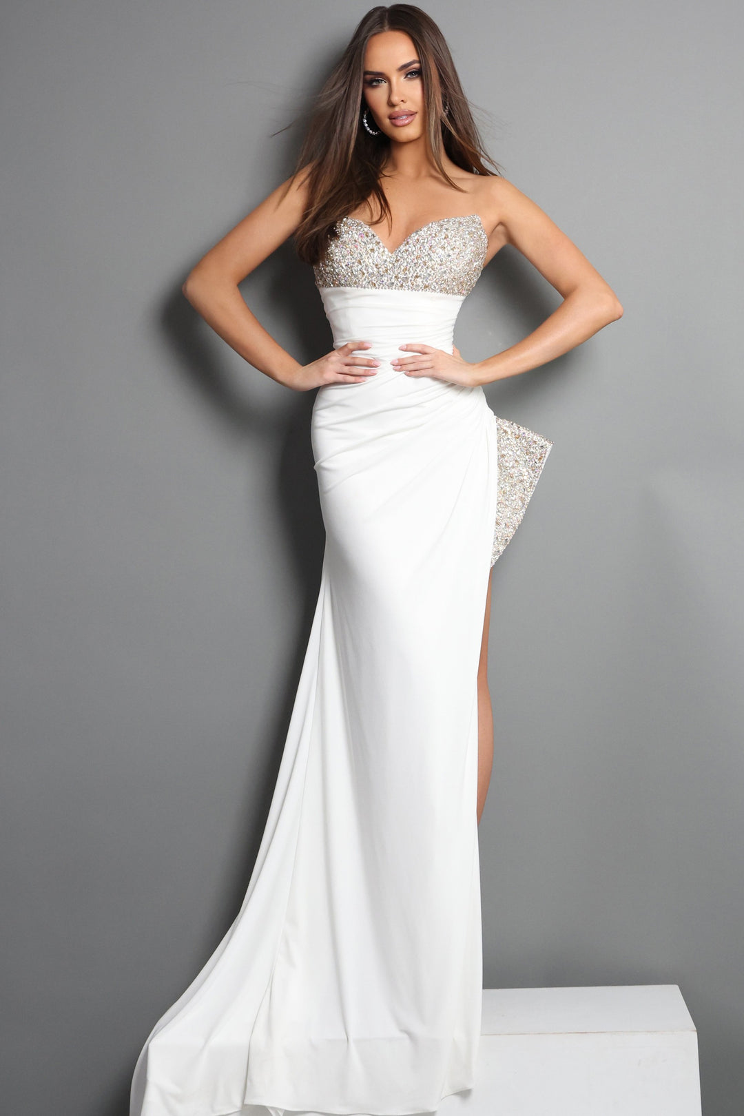 Jovani 49577 Beaded Bodice High Slit Sheath Dress
