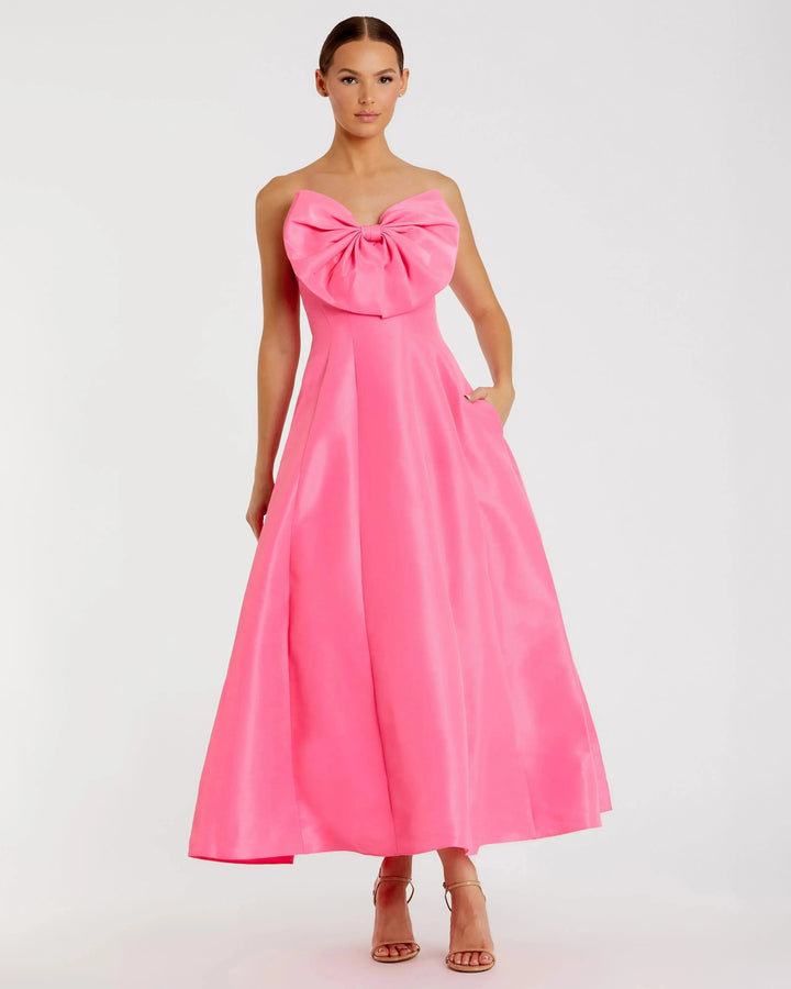 Pink Strapless A-Line Tea Length Statement Bow Dress - FOSTANI.com