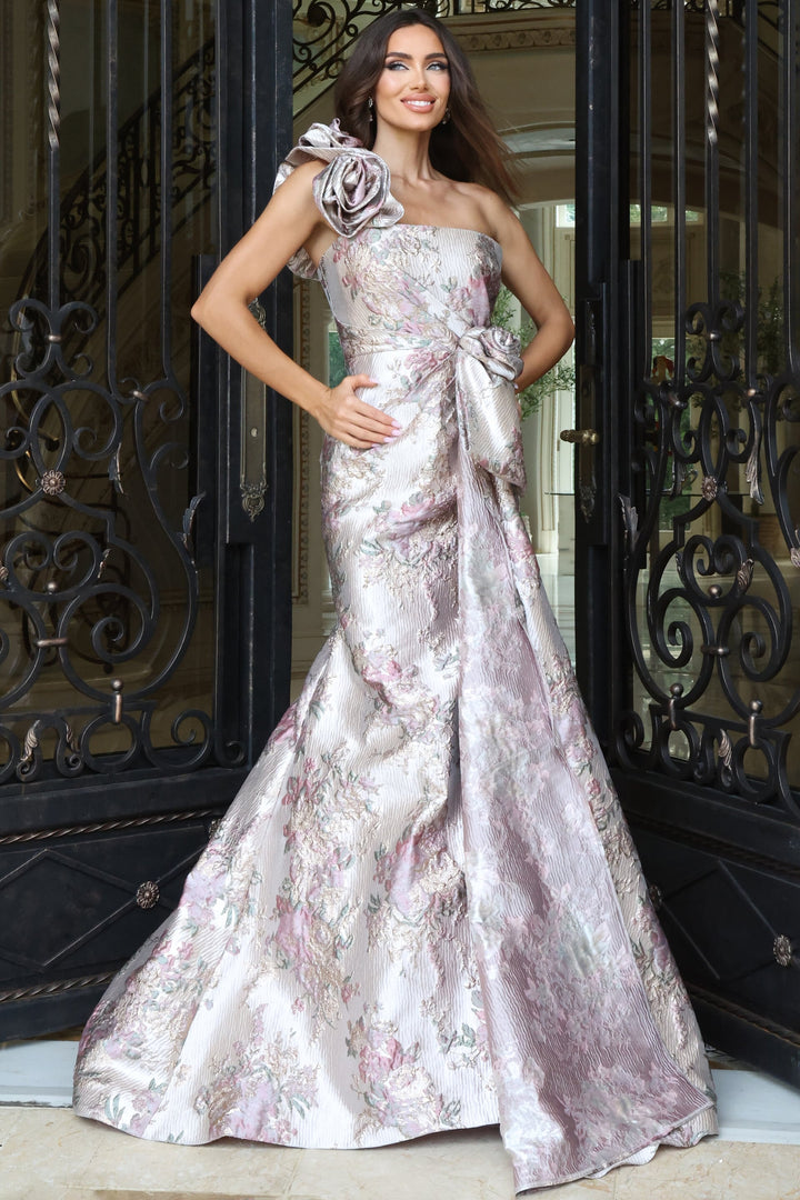 Jovani 49623 rosette trumpet gown, angle