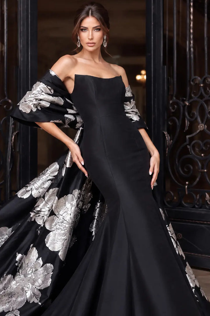 Jovani 49626 strapless fitted gown with floral overskirt side view