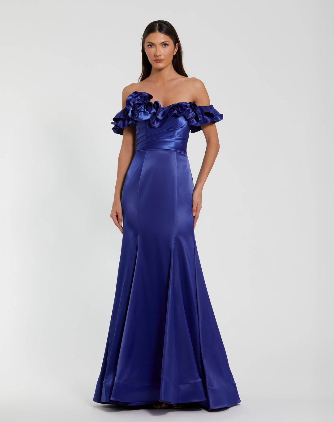 Blue Satin Ruffle Off the Shoulder Mermaid Gown - Mac Duggal US 6 Blue Satin Ruffle Off the Shoulder Mermaid Gown - Mac Duggal US 6