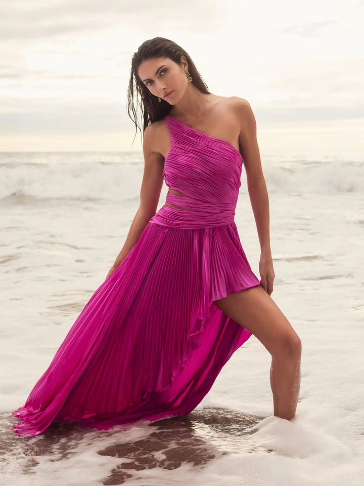 Purple One Shoulder Pleated Charmeuse Gown with Slit - FOSTANI.com