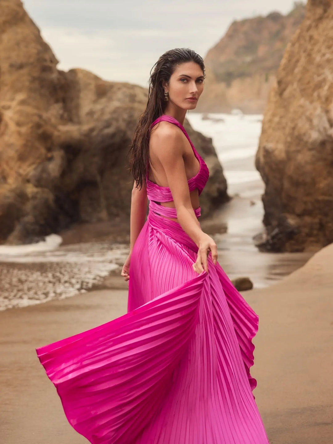 Purple One Shoulder Pleated Charmeuse Gown with Slit - FOSTANI.com