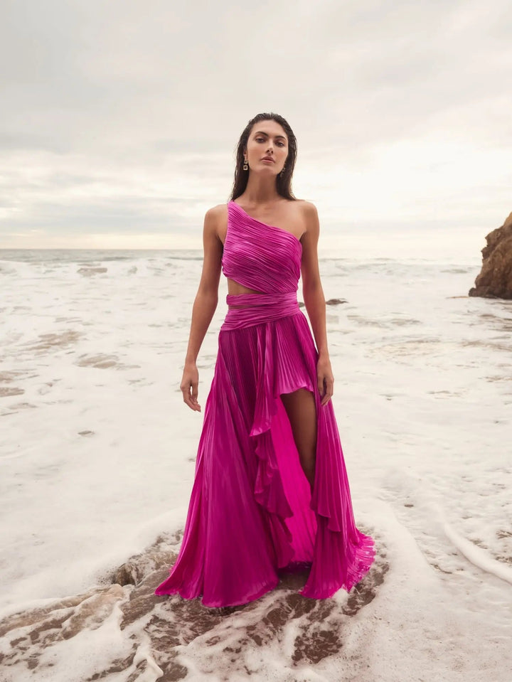 Purple One Shoulder Pleated Charmeuse Gown with Slit - FOSTANI.com