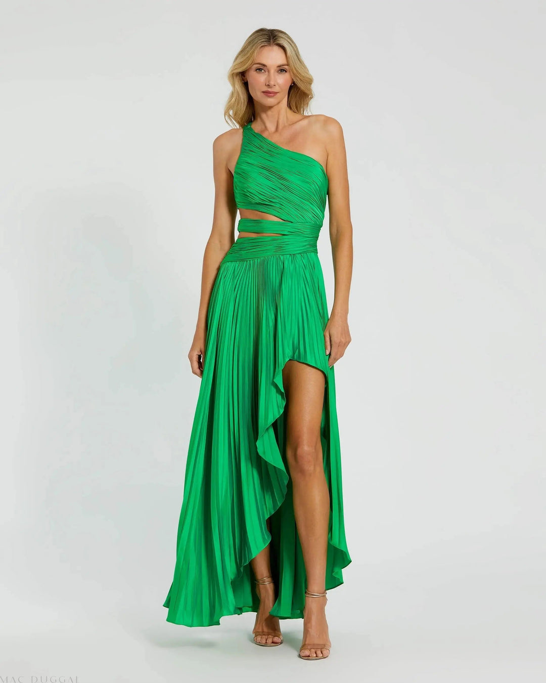 Green One Shoulder Pleated Charmeuse Gown with Slit - FOSTANI.com