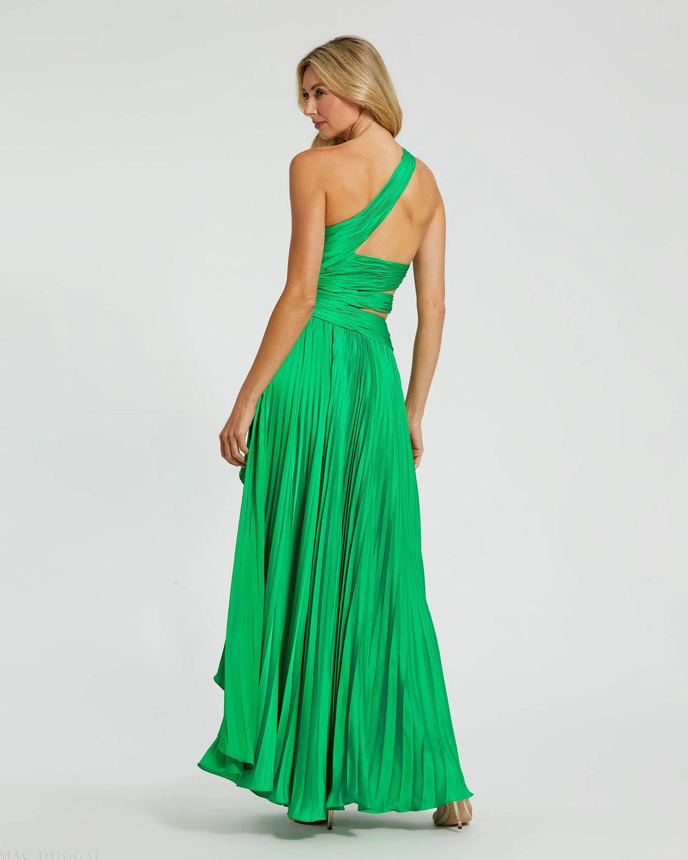 Green One Shoulder Pleated Charmeuse Gown with Slit - FOSTANI.com