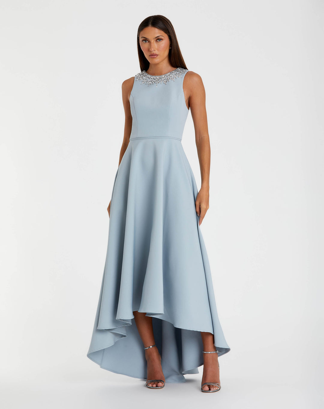 Ieena for Mac Duggal - Blue Crepe Embellished Neck High Low Gown - US 4 Ieena for Mac Duggal - Blue Crepe Embellished Neck High Low Gown - US 4