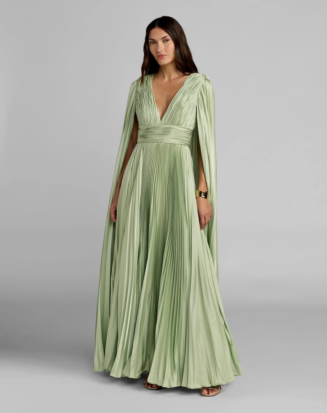 Light Green Pleated Charmeuse V Neck Gown With Cape - FOSTANI.com