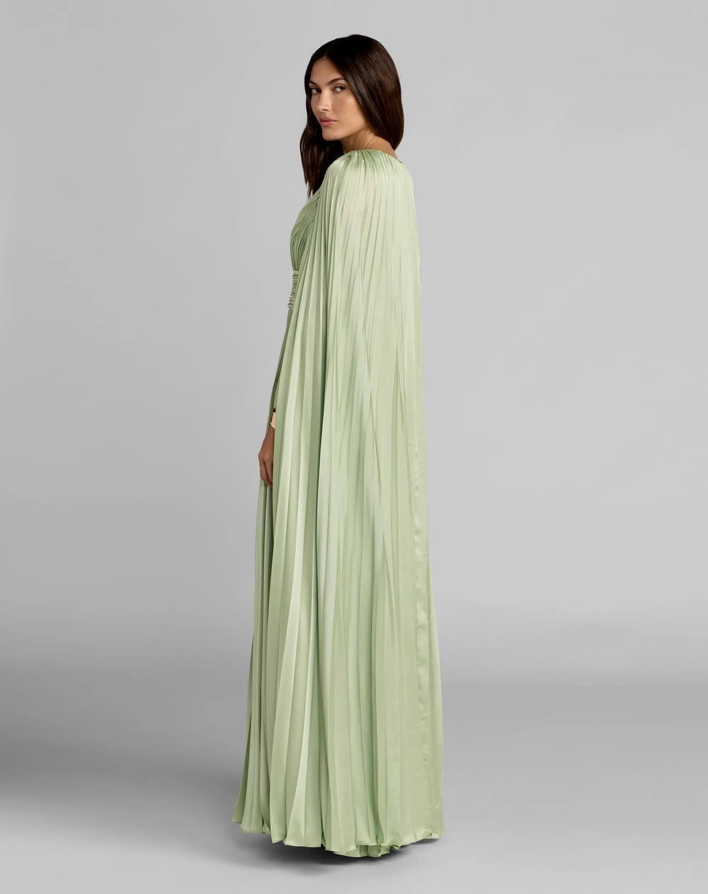 Light Green Pleated Charmeuse V Neck Gown With Cape - FOSTANI.com