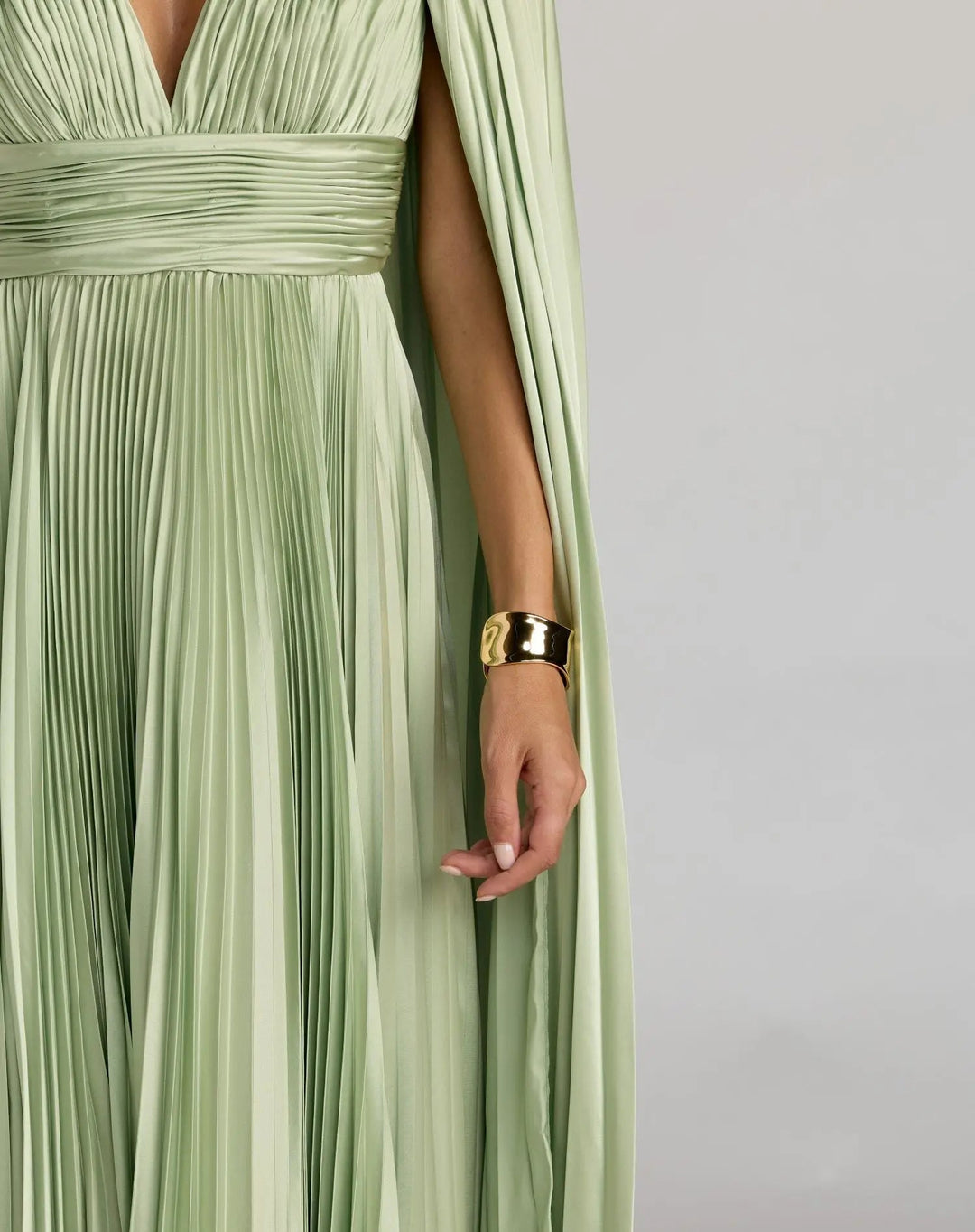 Light Green Pleated Charmeuse V Neck Gown With Cape - FOSTANI.com