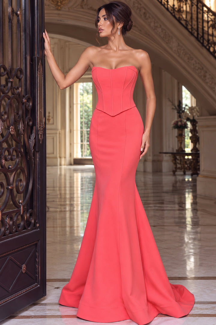 Jovani 49886 Strapless Corset Mermaid Gown with Lace-Up Back three-quarter view