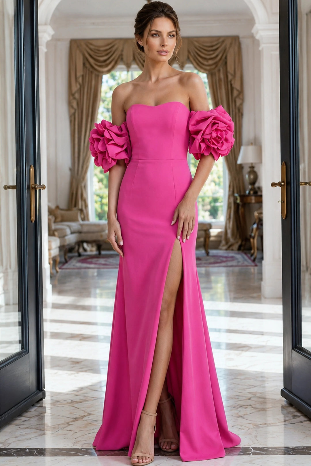 Jovani 49901 Strapless Gown With Floral Sleeve Accents - FOSTANI.com