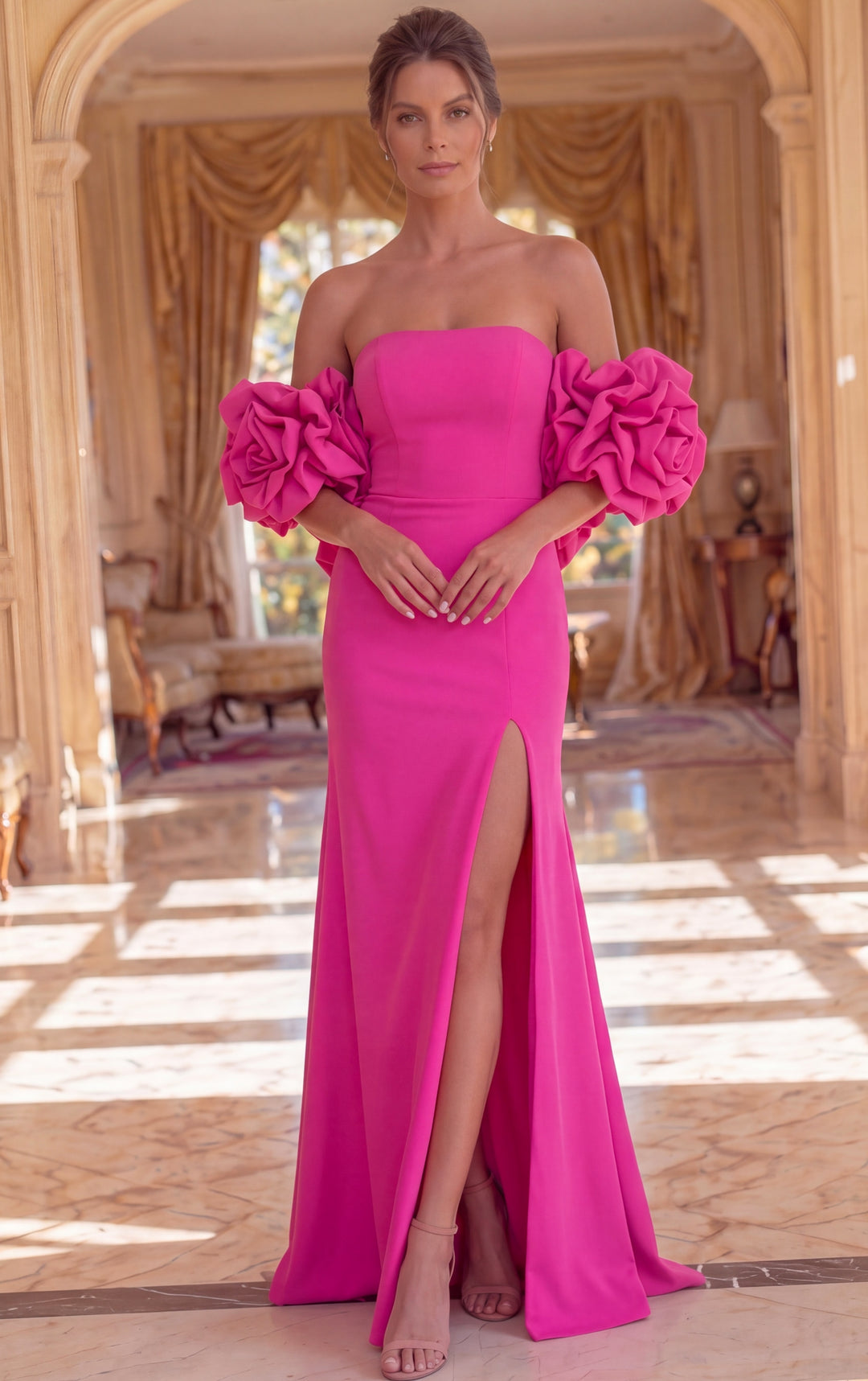 Jovani 49901 Strapless Gown With Floral Sleeve Accents - FOSTANI.com