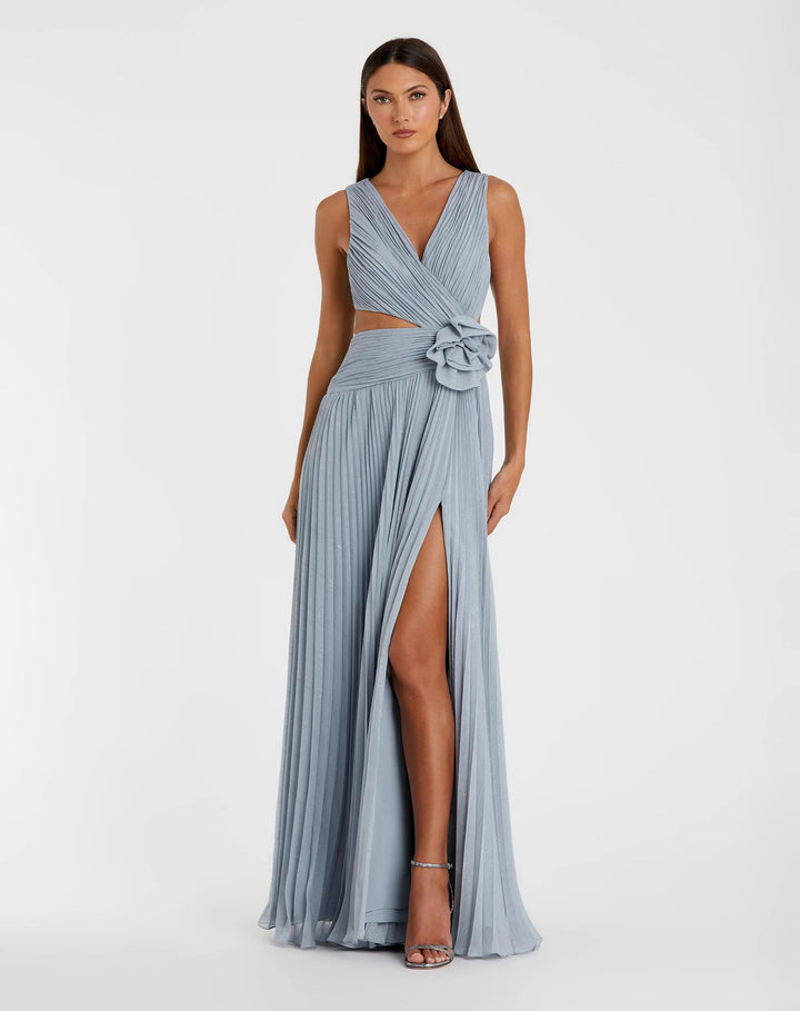 Blue Ruched Chiffon Sleeveless Gown With 3D Flower - FOSTANI.com