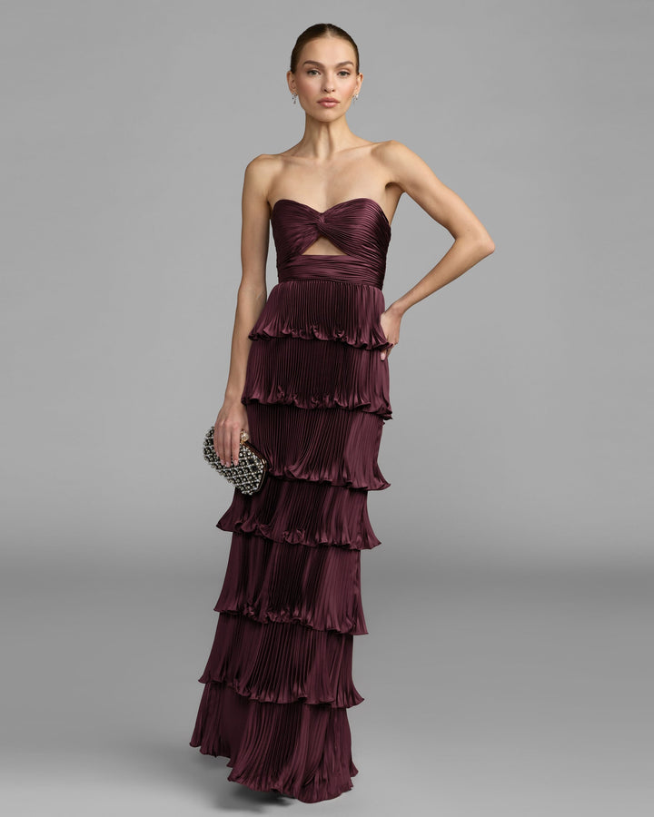 Mac Duggal 49981 Pleated Charmeuse Strapless Tiered Ruffle Gown