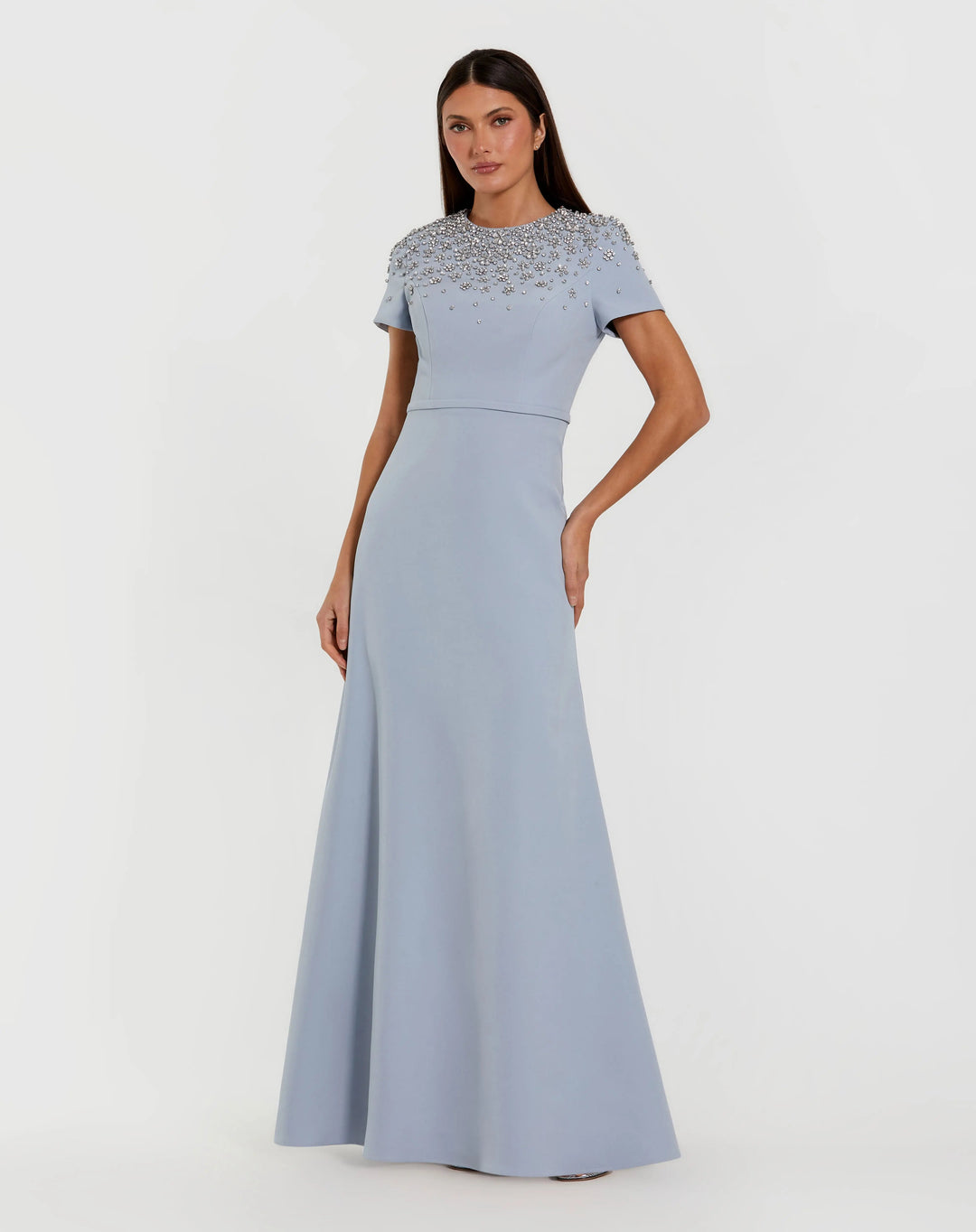 Mac Duggal Short Sleeve Beaded High Neck Crepe Gown in Powder Blue at Nordstrom, Size 6