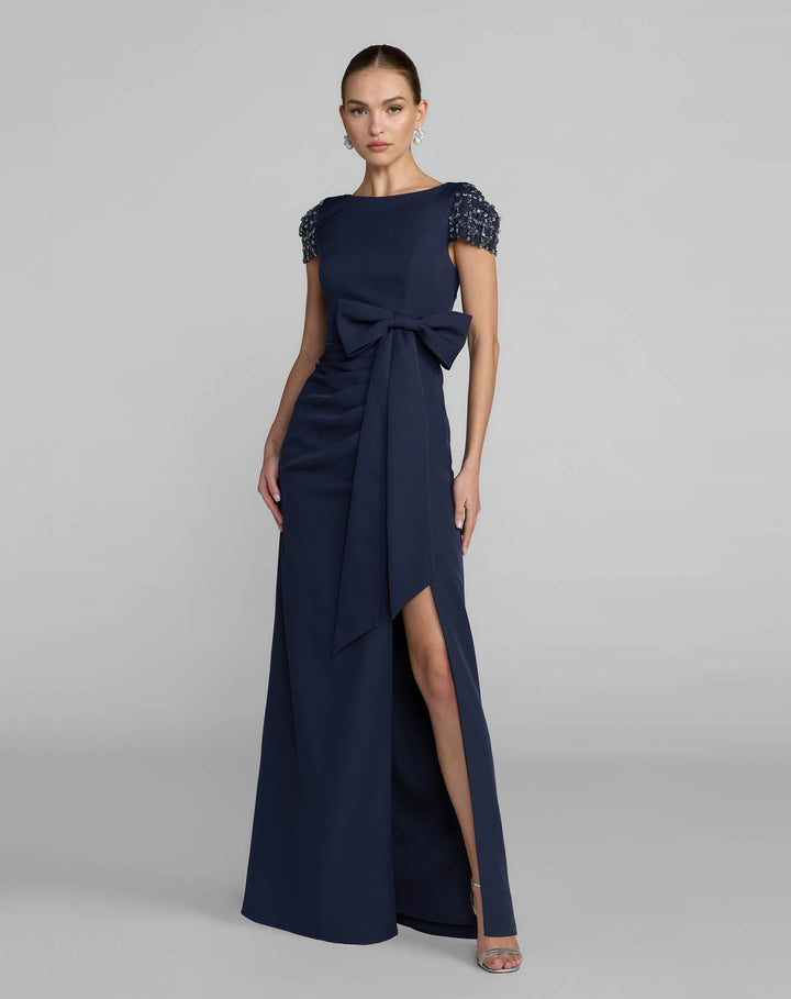 Mac Duggal 50054 Beaded Cap Sleeve Crepe Dress With Bow and Slit