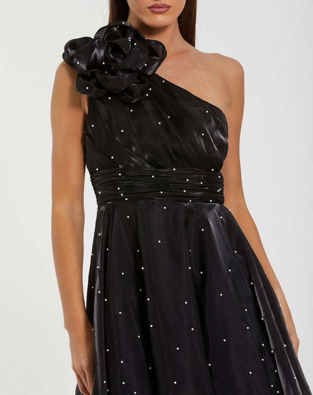 mac duggal black midi dress Black Sequin Ruffle Midi Dress with Belt