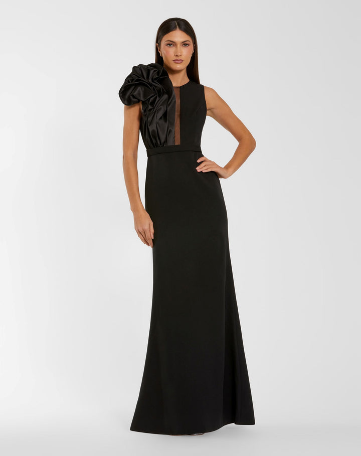Mac Duggal 50089 High Neck Sleeveless Crepe Gown With Satin Ruffle