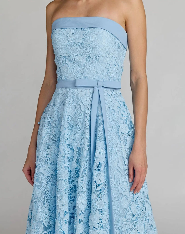 Blue Embroidered Lace Strapless Midi Dress With Bow Detail - FOSTANI.com