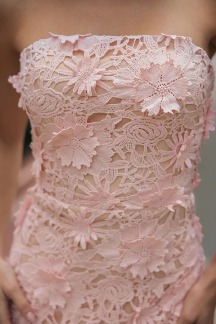Pink Strapless 3D Floral Midi Dress - FOSTANI.com