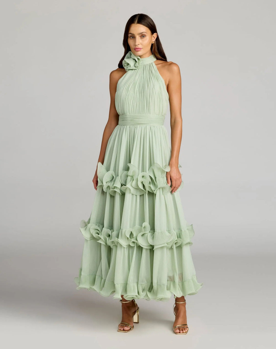 Mac Duggal 50145 Green Sleeveless Chiffon Halter Neck Ruffle Midi Dress