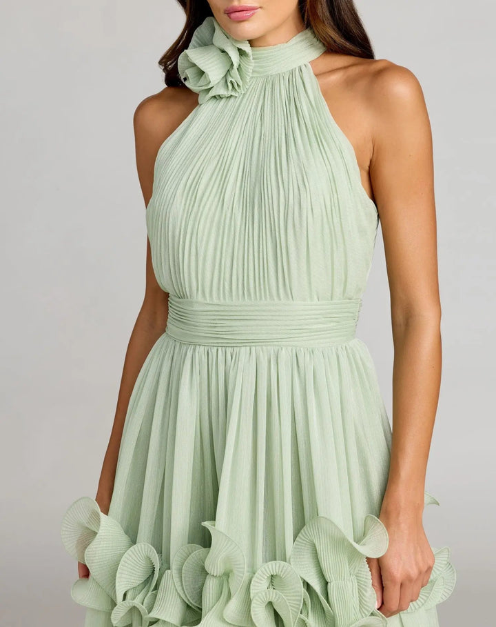Mac Duggal 50145 Green Sleeveless Chiffon Halter Neck Ruffle Midi Dress