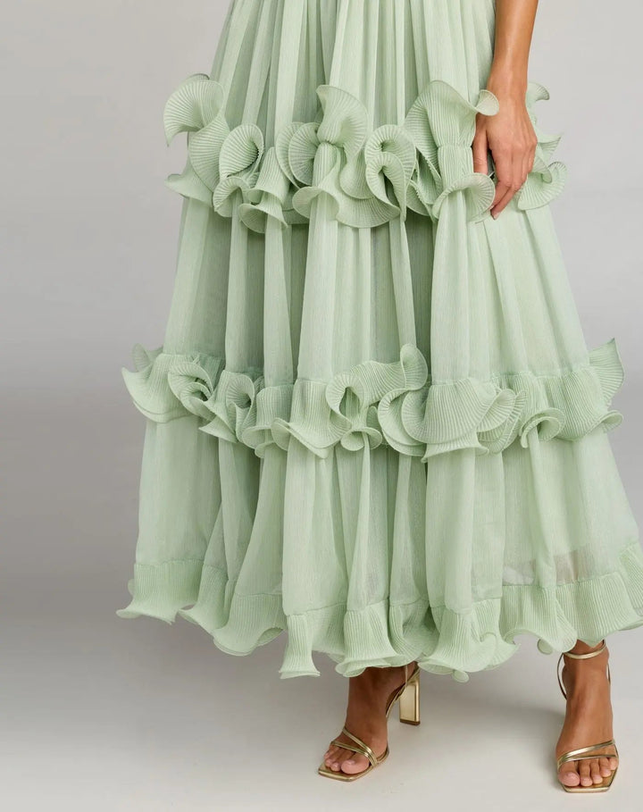 Mac Duggal 50145 Green Sleeveless Chiffon Halter Neck Ruffle Midi Dress