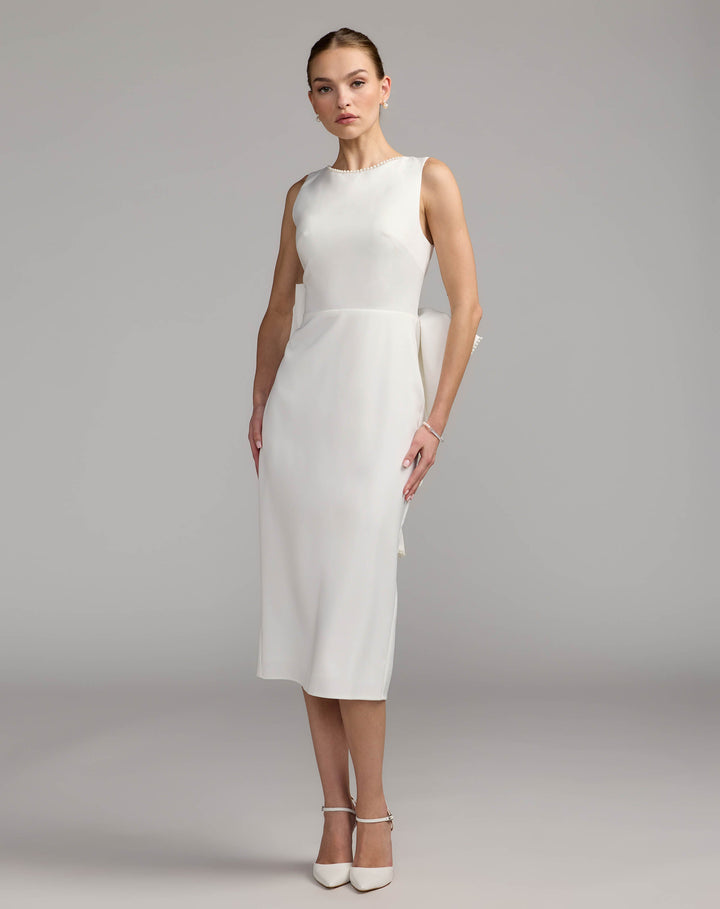 Mac Duggal 50169 Pearl Trim Bow Back Midi Dress
