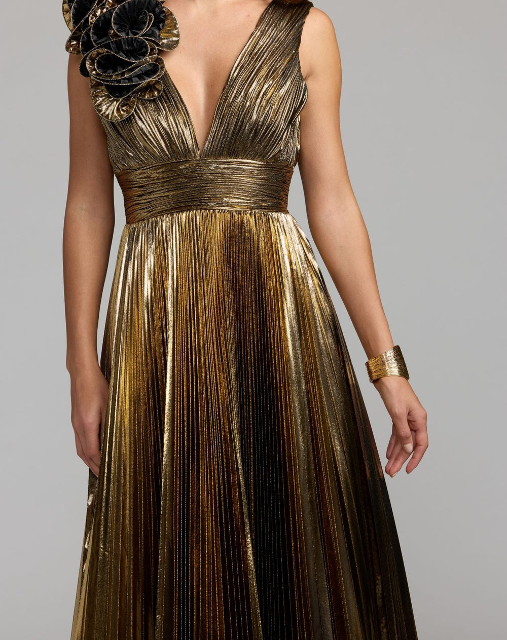 Mac Duggal 50212 Sleeveless Metallic V-Neck Gown With Ruffle Detail