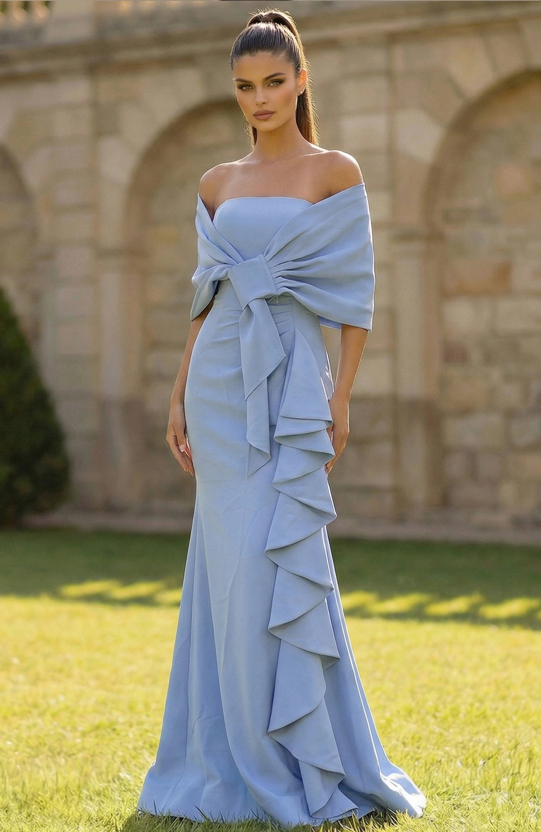 jovani off the shoulder dress Jovani 50206 Beaded Mermaid Gown With Draped Off Shoulder Detail LIGHT-BLUE / 8