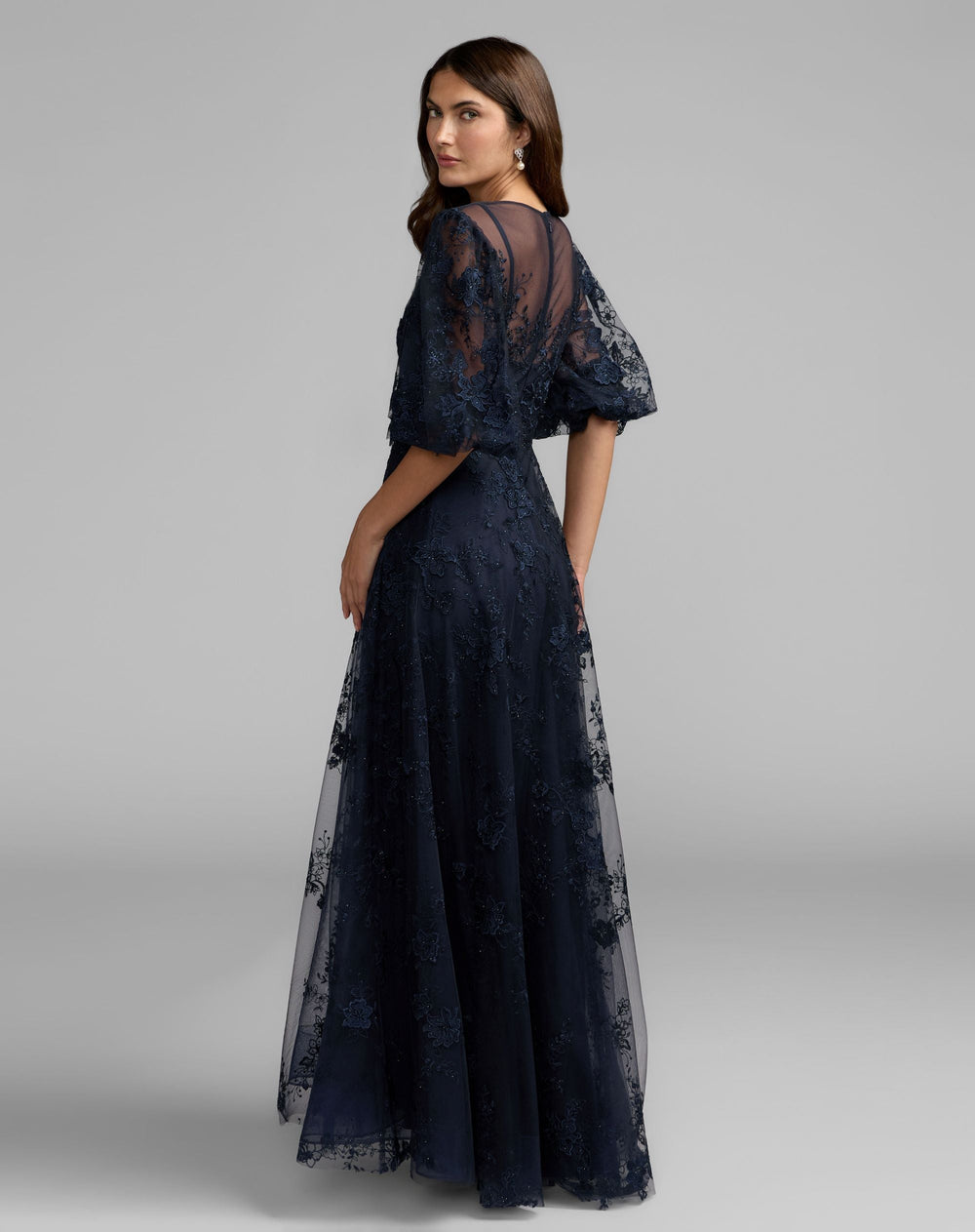 Mac Duggal 50671 Embroidered Illusion Neck Puff Sleeve A-Line Gown