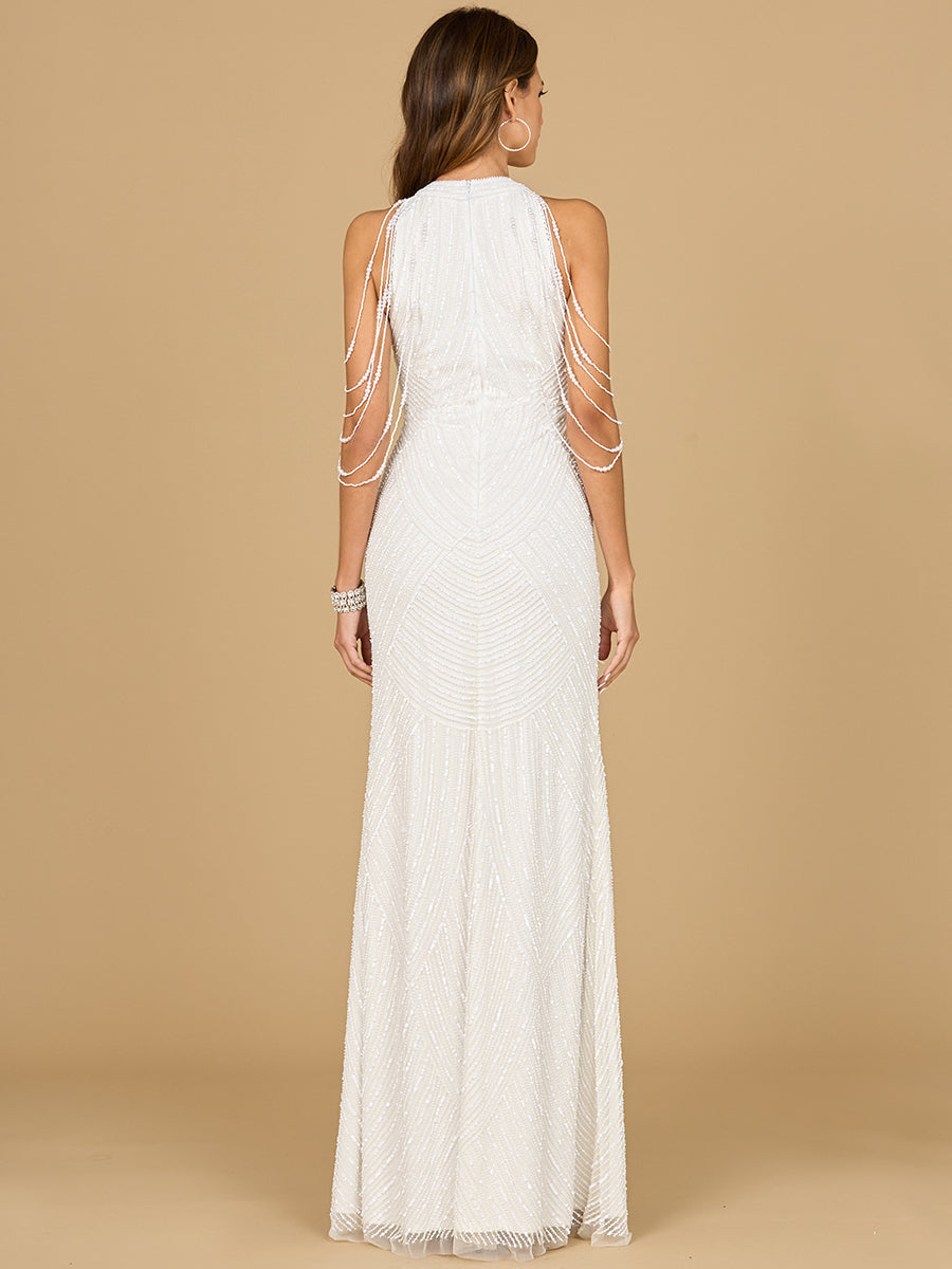 Lara 51185 halter neck beaded fringe wedding gown, back view