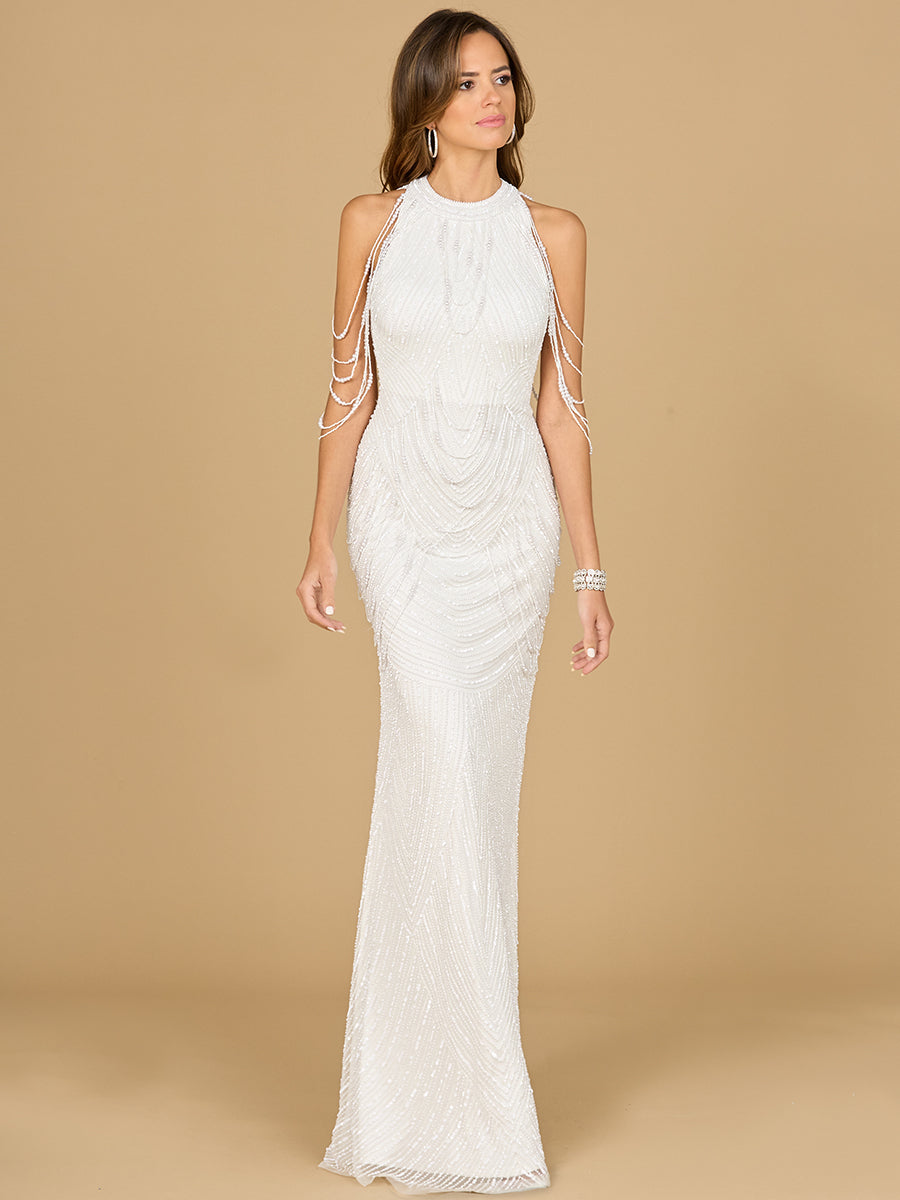 Lara 51185 halter neck beaded fringe wedding gown, additional view