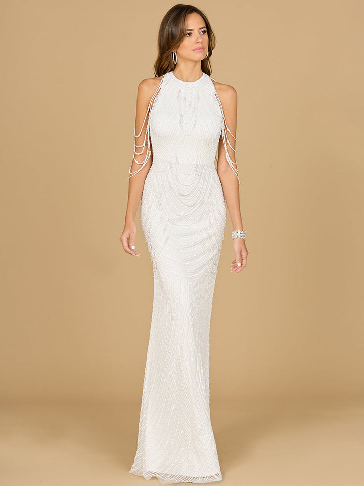 Lara 51185 halter neck beaded fringe wedding gown, additional view