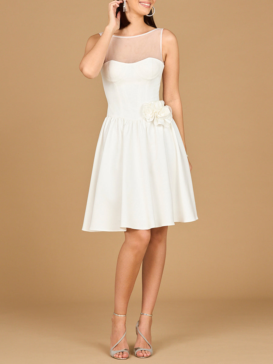 ivory midi dress formal Lara 51204 Illusion Neck Sleeveless Sheath Couture Dress