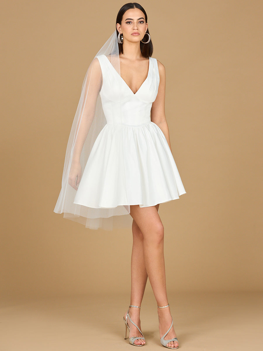 Lara 51205 V Neck, A-Line Bridal Short Dress with Veil - FOSTANI.com