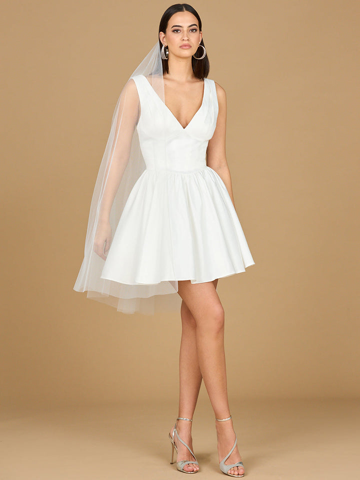 Lara 51205 V Neck, A-Line Bridal Short Dress with Veil - FOSTANI.com