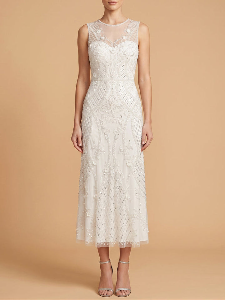 Lara 51230 Beaded A-Line Midi Dress with Illusion Neckline
