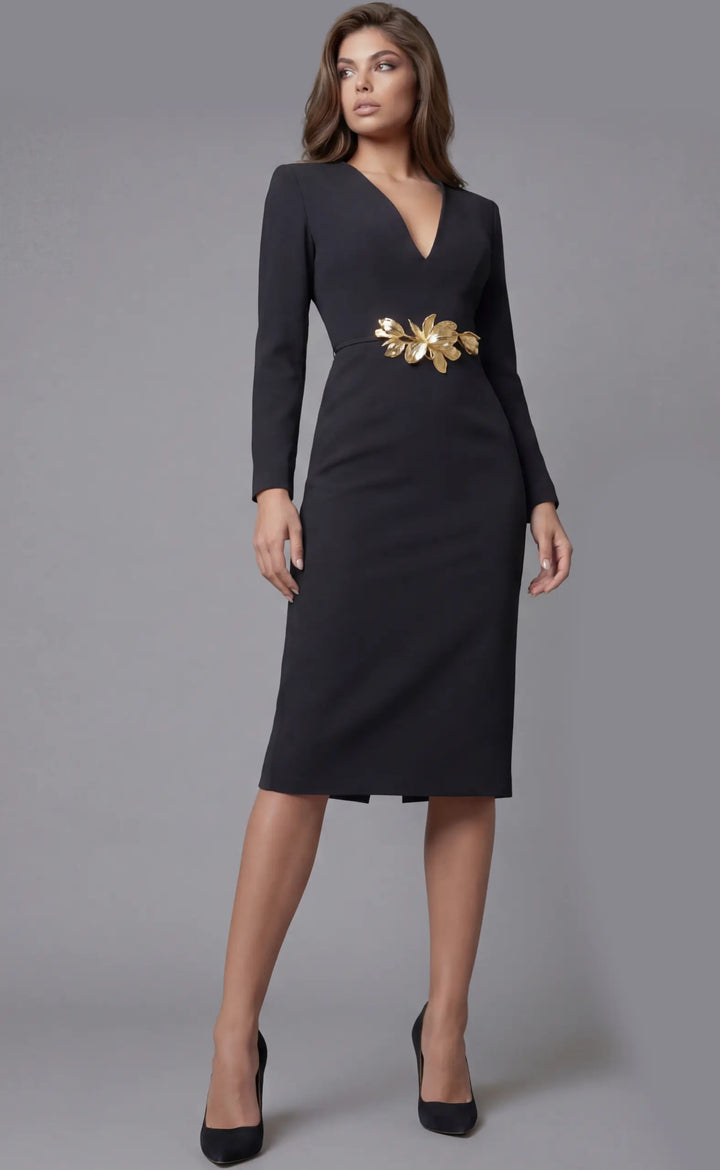 Jovani 51637 long sleeve V-neck sheath midi dress view 2