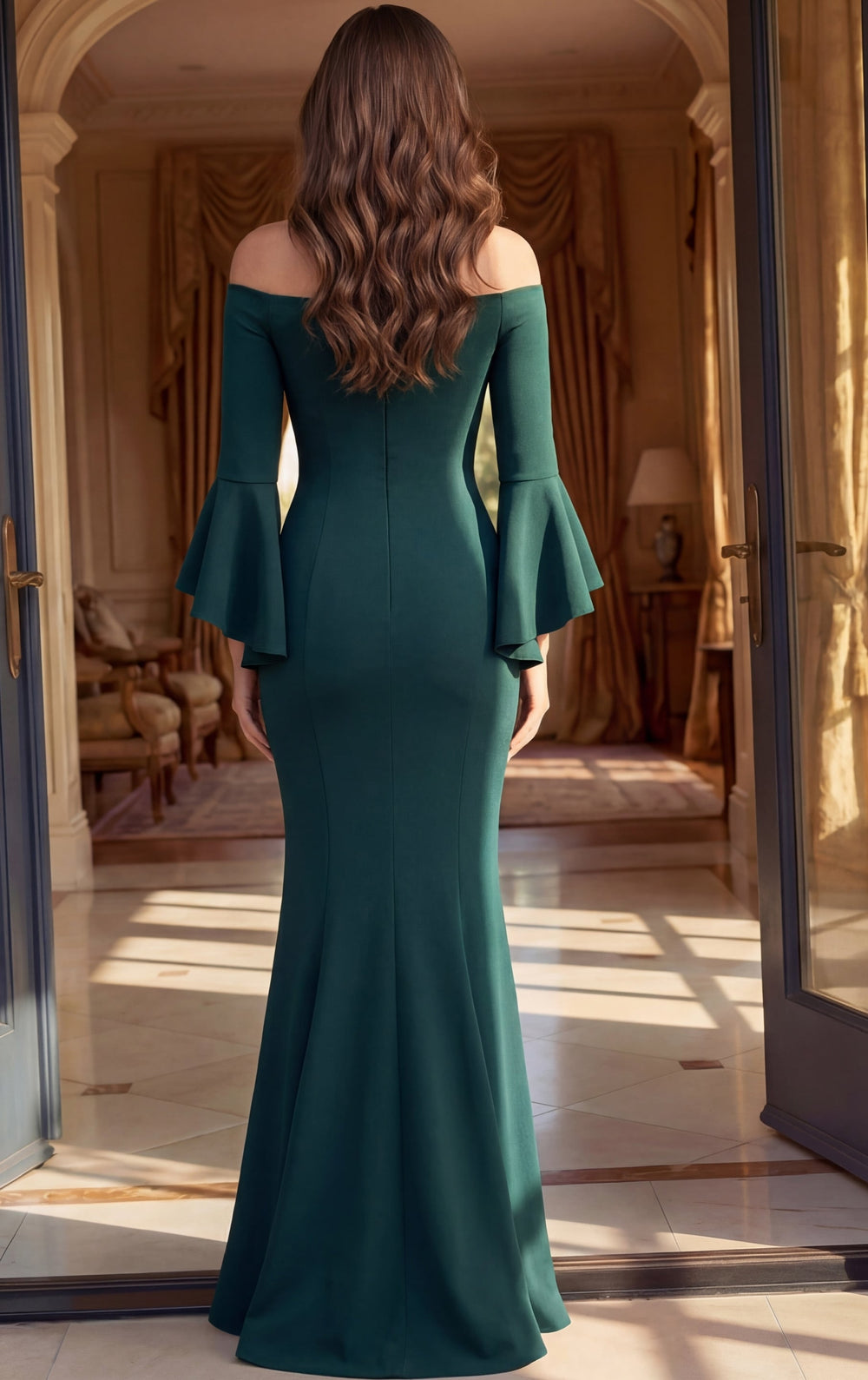 Jovani 51645 bell sleeve mermaid evening dress, back