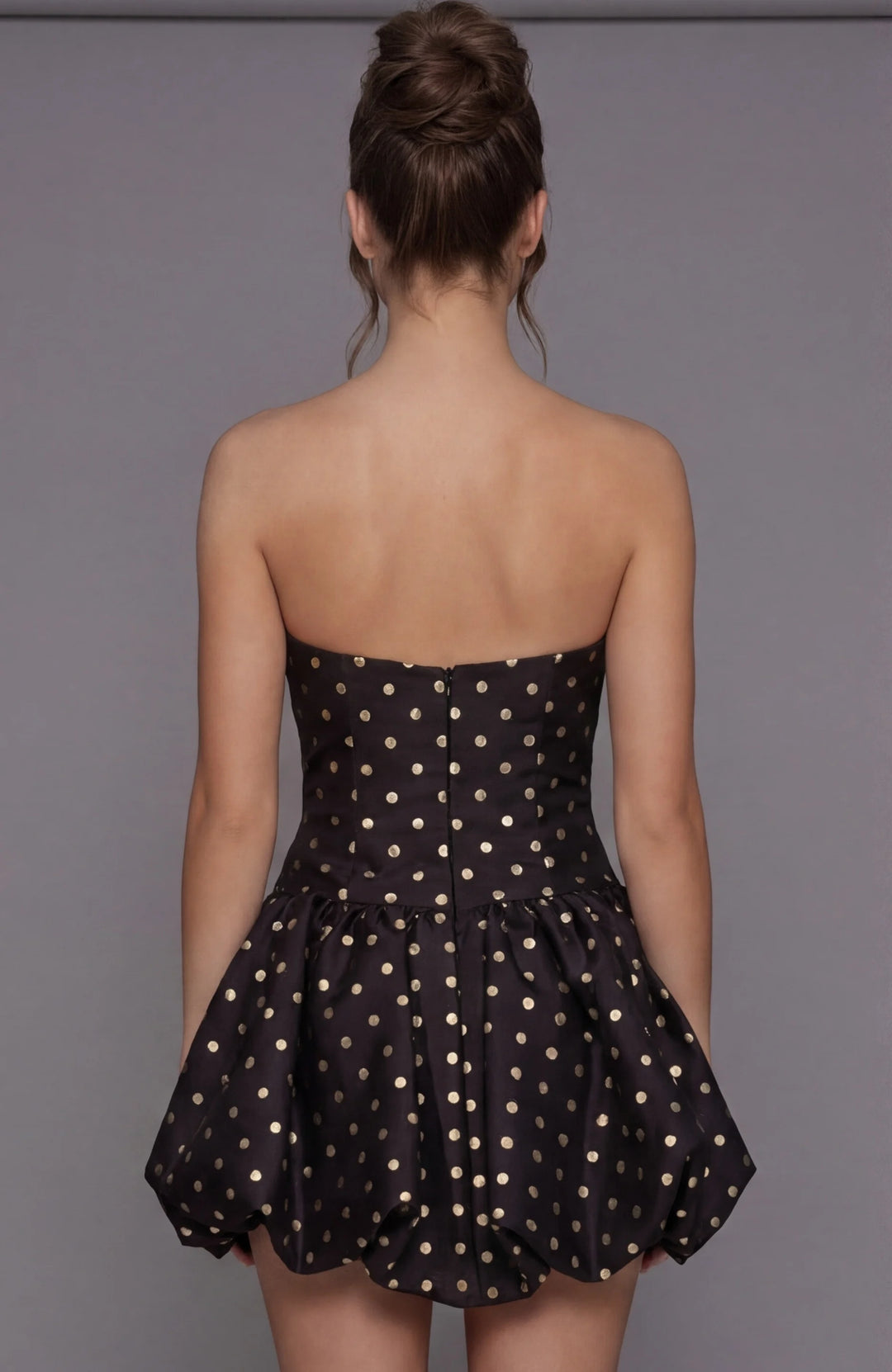 Jovani 51668 Gold Polka Dot Strapless Mini Bubble Dress - FOSTANI.com