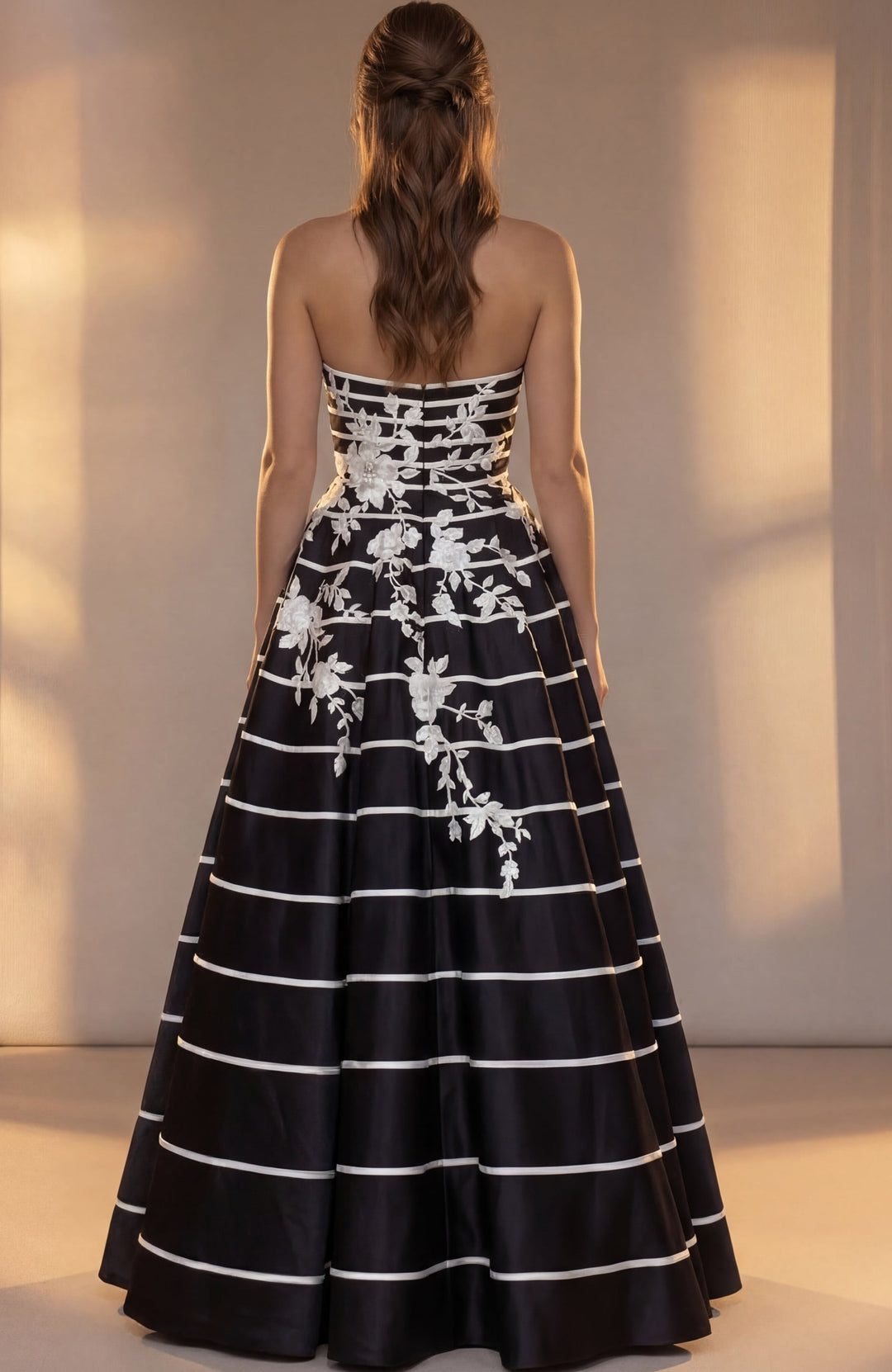 Jovani 51727 Strapless Sweetheart Floral Applique Striped Ball Gown back view