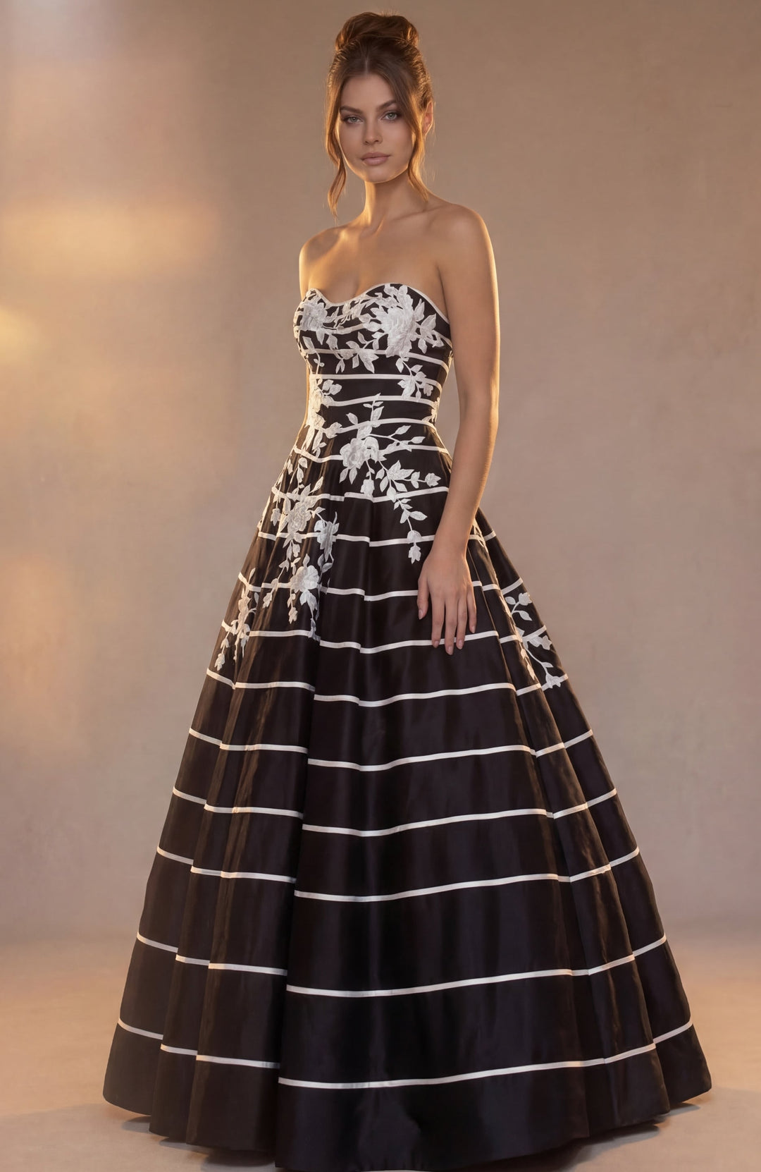 Jovani 51727 Strapless Sweetheart Floral Applique Striped Ball Gown full length view