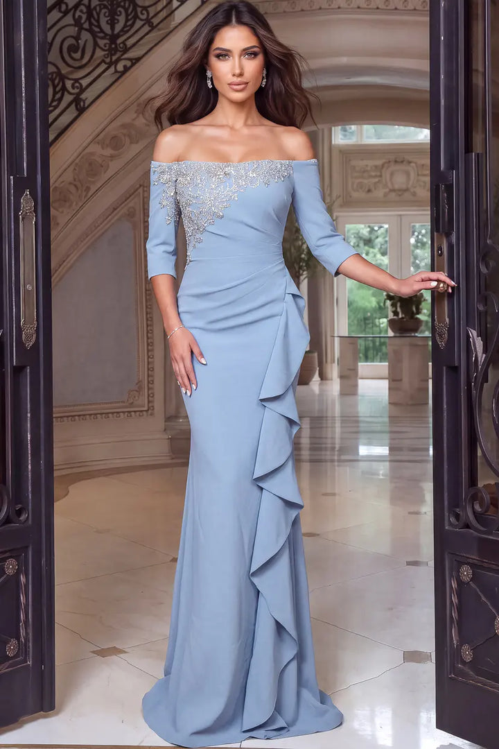 Jovani 51731 off the shoulder mermaid gown with cascading ruffle skirt detail view