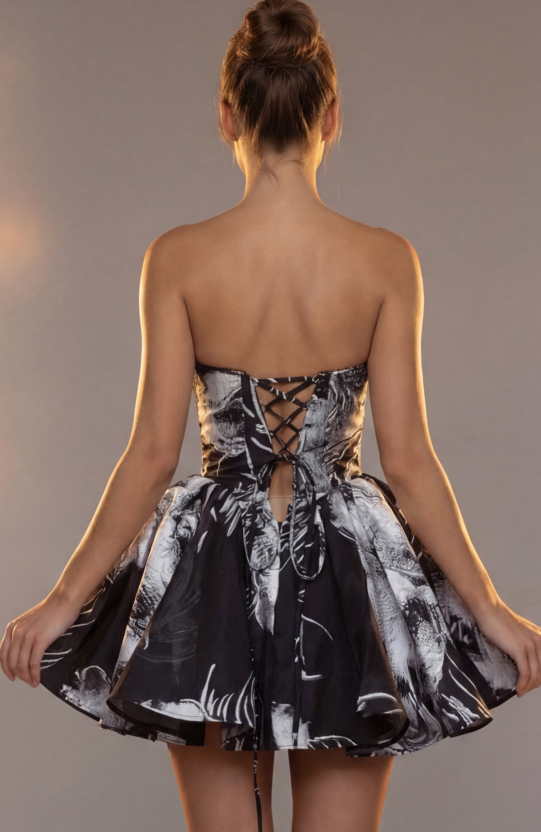Jovani 51778 Floral Strapless Lace Up Mini Dress - FOSTANI.com